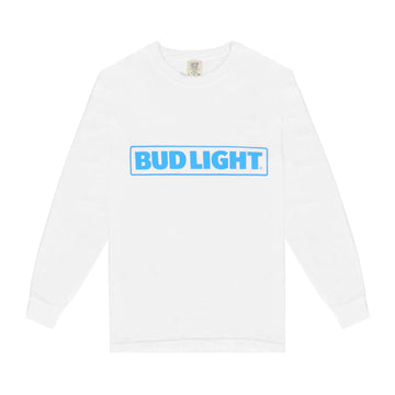 White long sleeve comfort colors t-shirt with blue Bud Light horizontal logo over the chest.