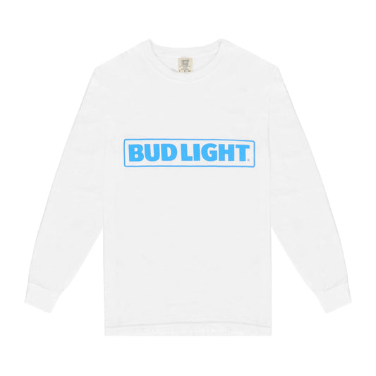 White long sleeve comfort colors t-shirt with blue Bud Light horizontal logo over the chest.