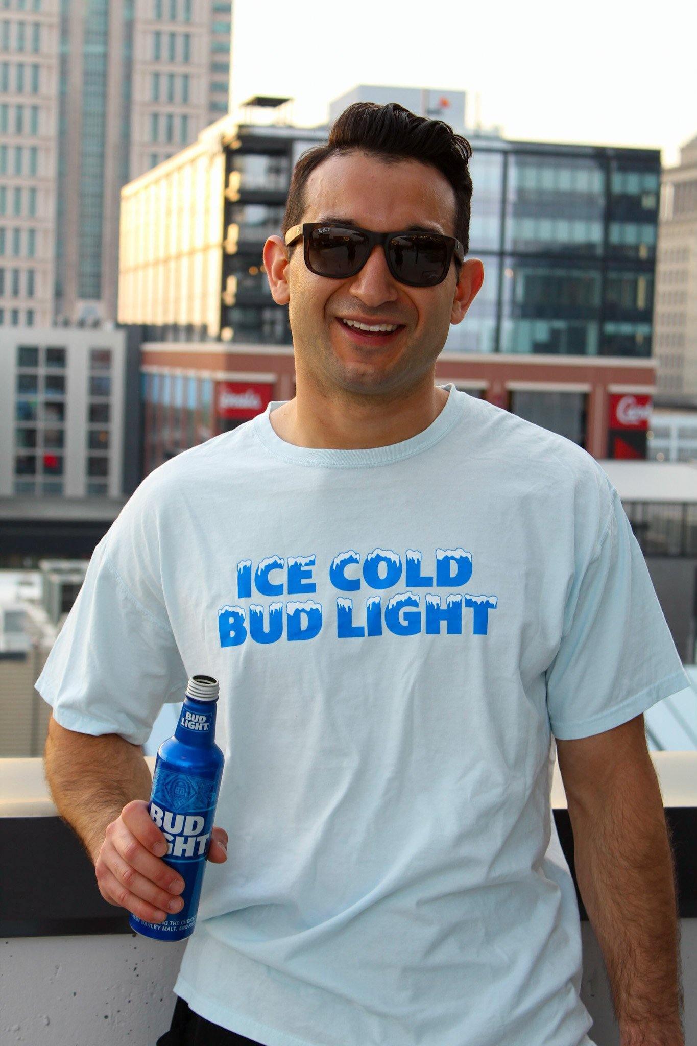 Man Wearing Bud Light Ice Cold Men's Light Blue T-Shirt