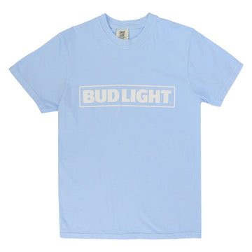 Light blue short sleeve t-shirt with white bud light horizontal logo over chest of shirt.
