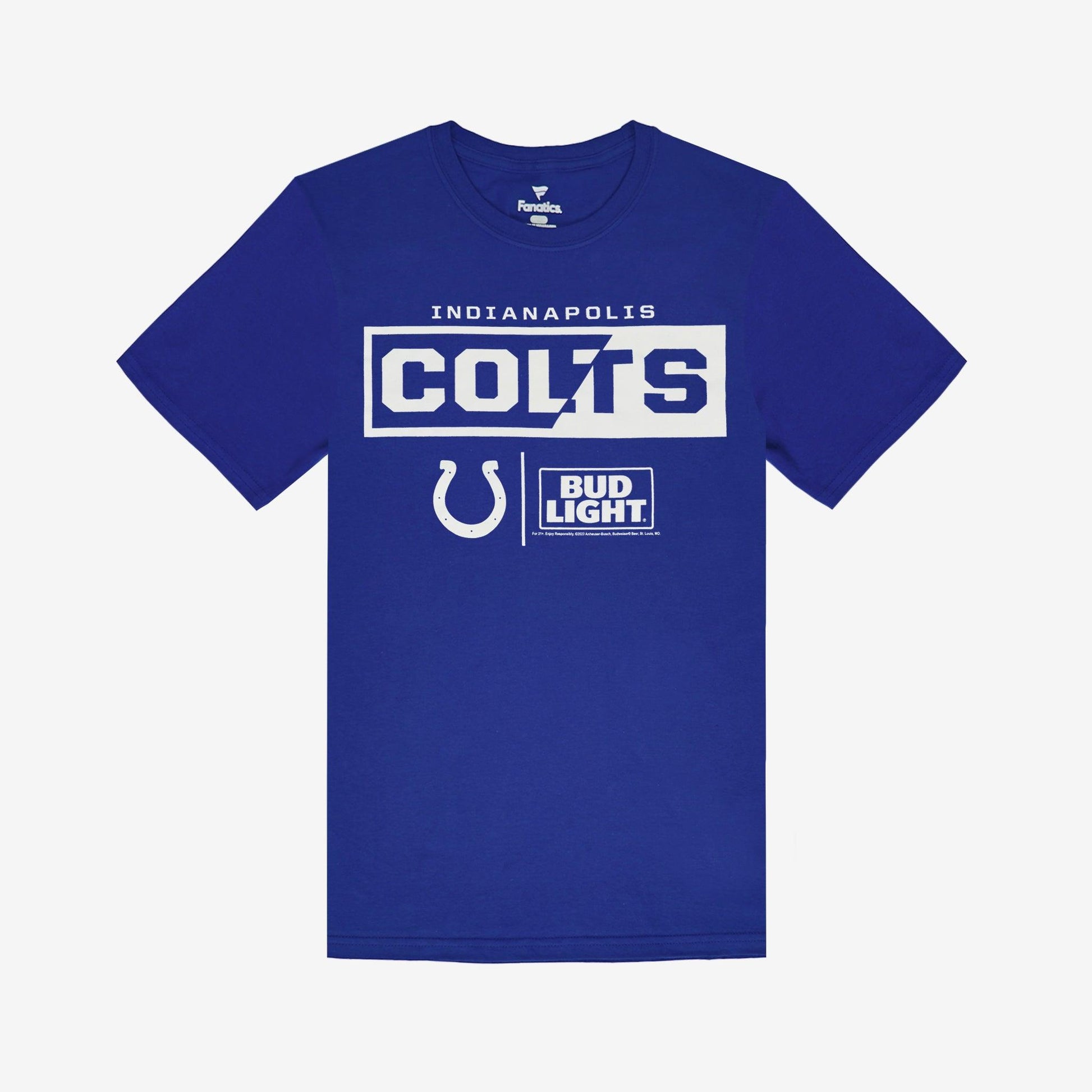 front of blue tee with colts and bud light logo