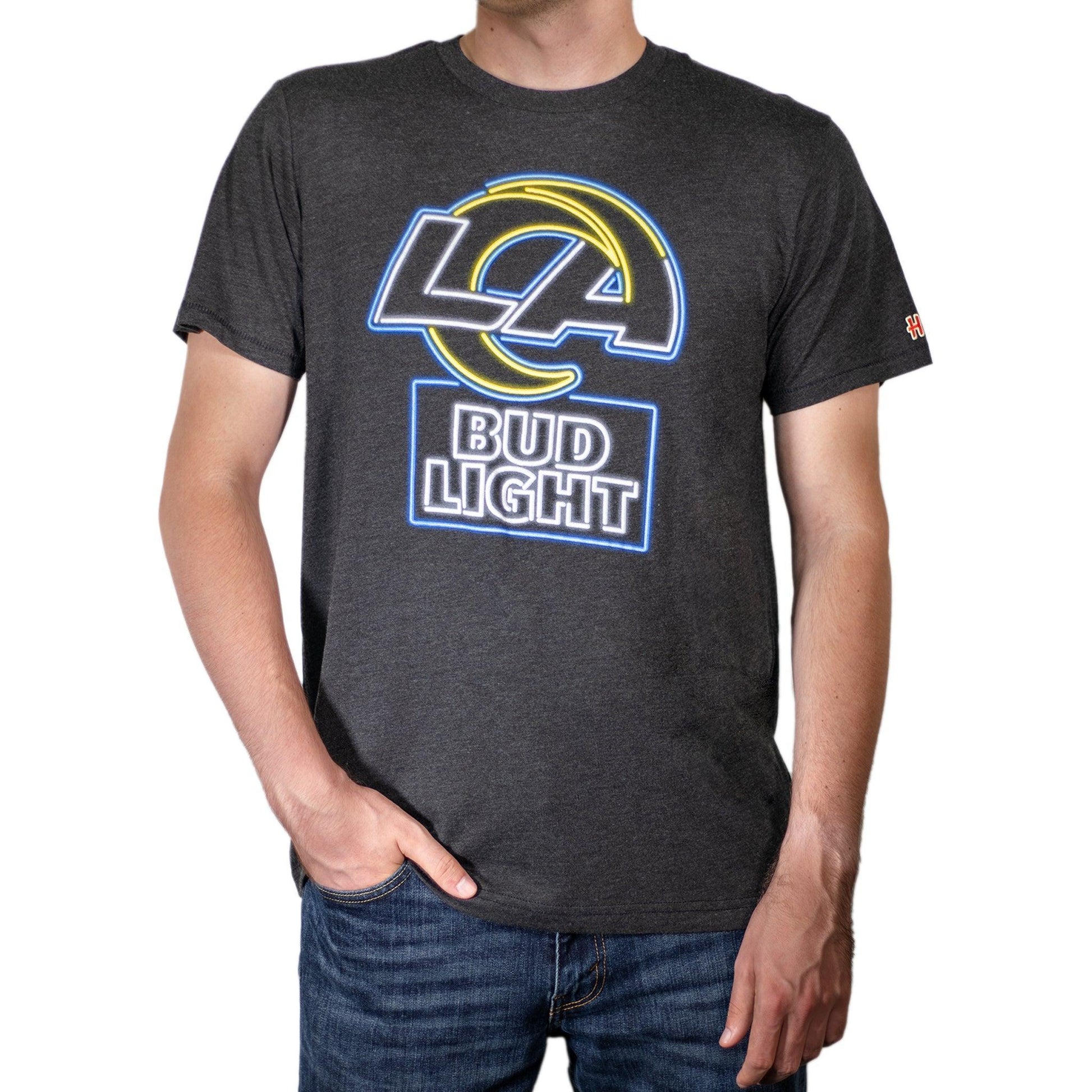 Man Wearing Bud Light Los Angeles Rams Black T-Shirt