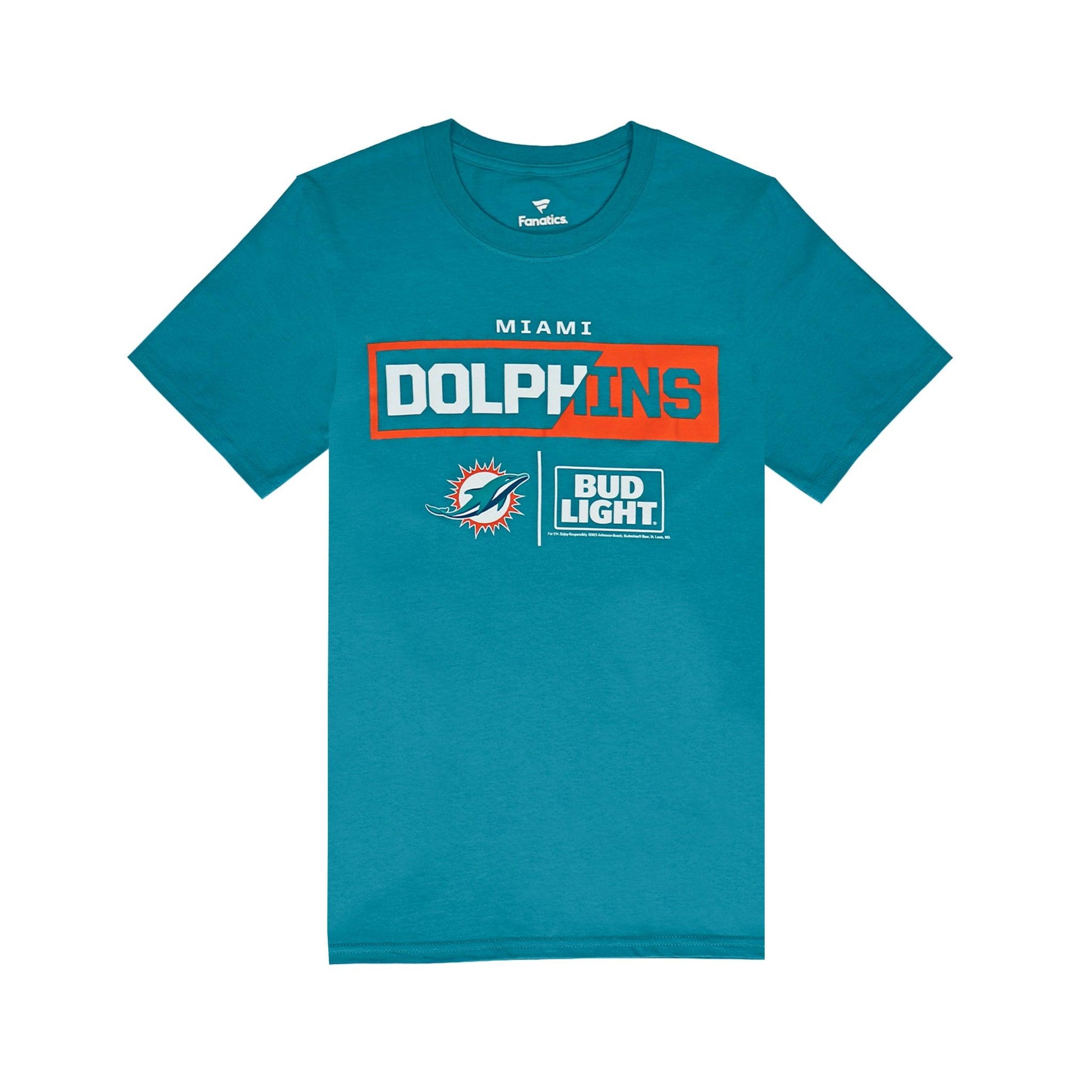 front of teal tee with dolphins and bud light logo