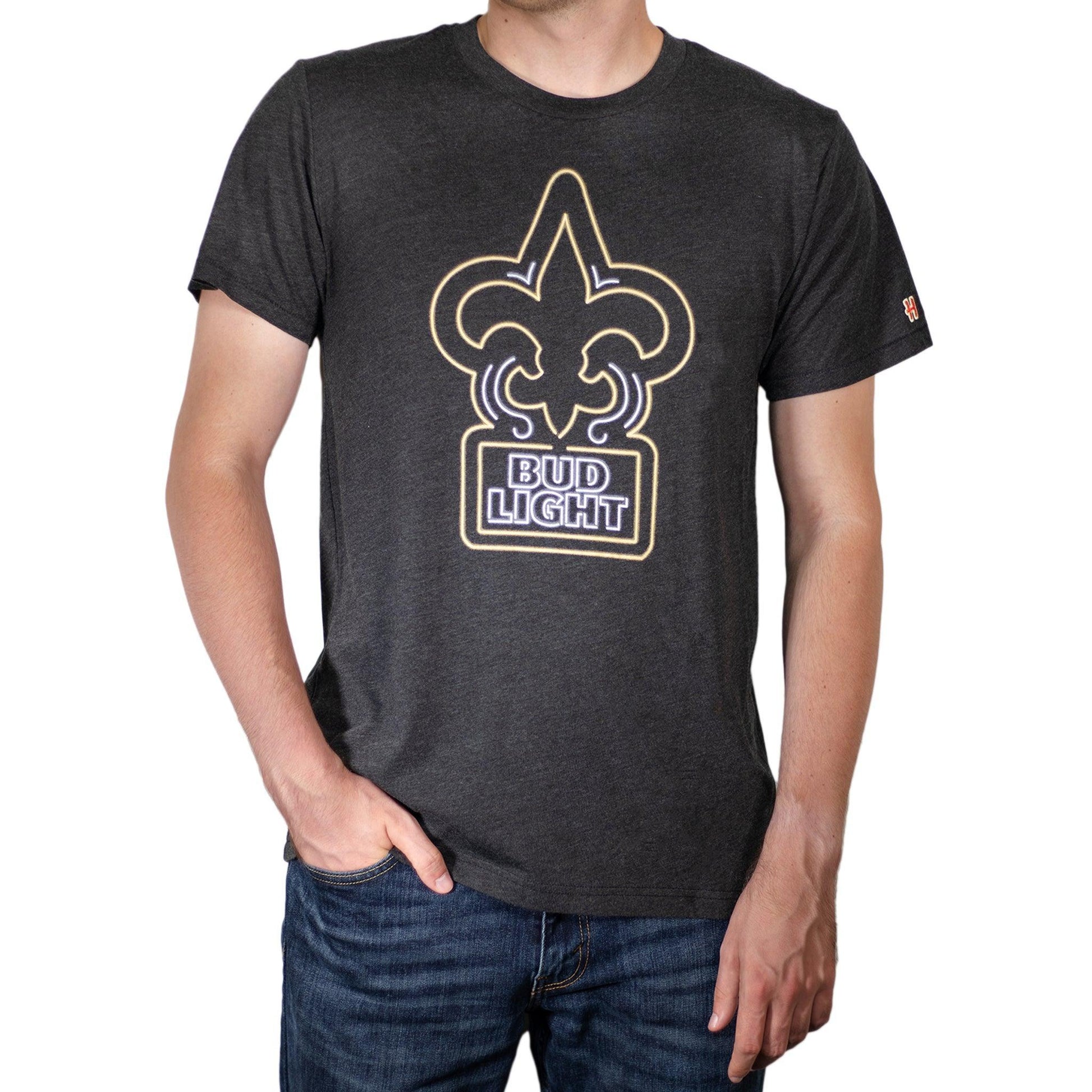 Man Wearing Bud Light New Orleans Saints Black T-Shirt