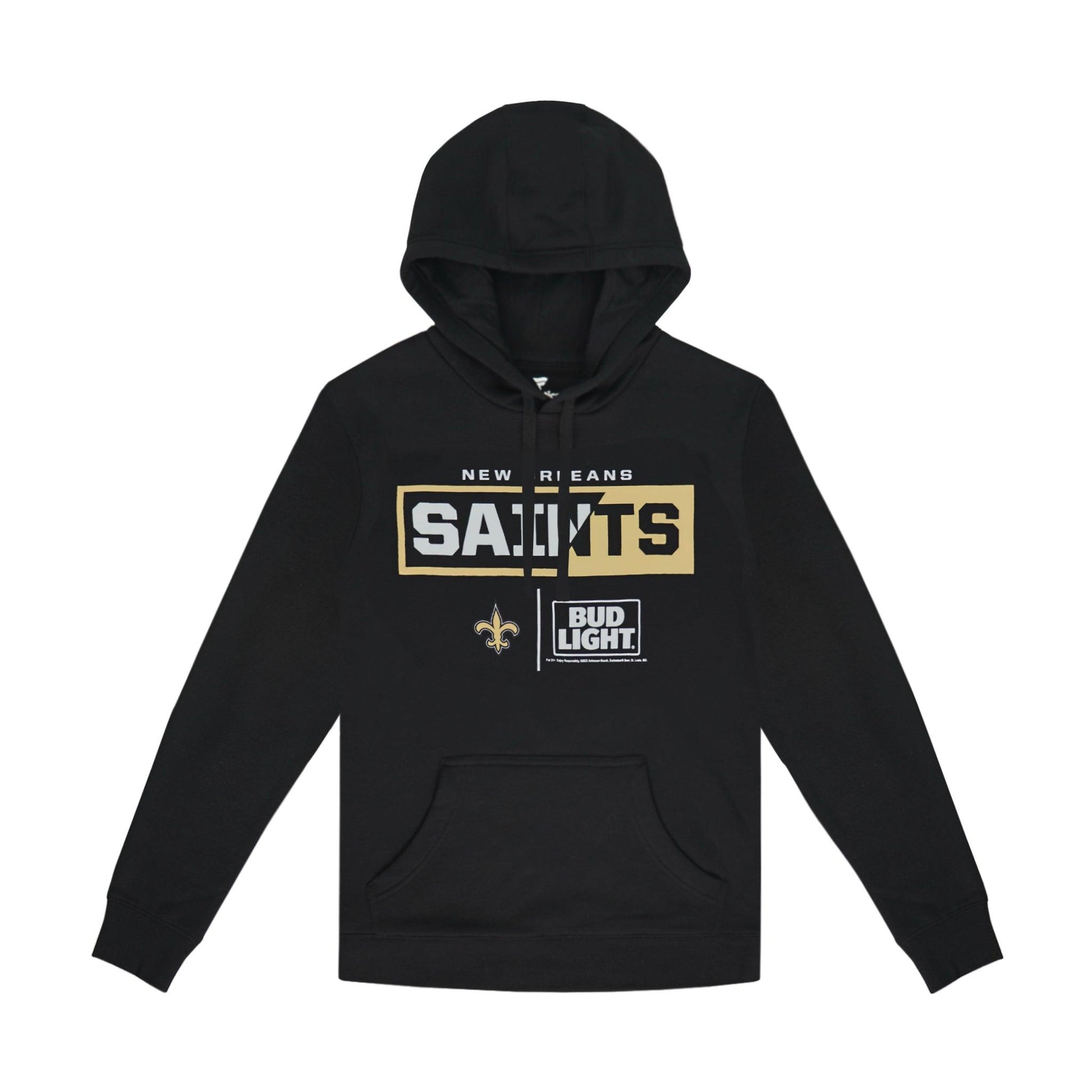 front of black hoodie with saints and bud light logo