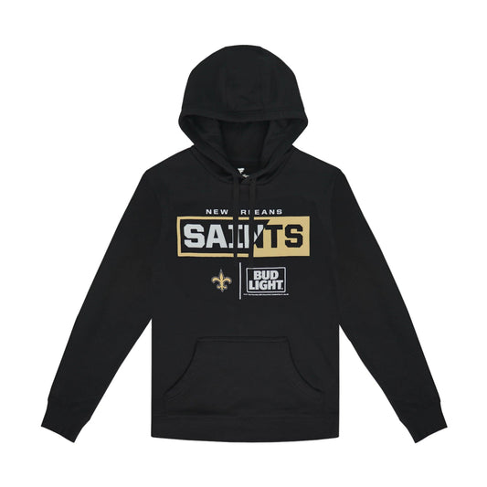 front of black hoodie with saints and bud light logo