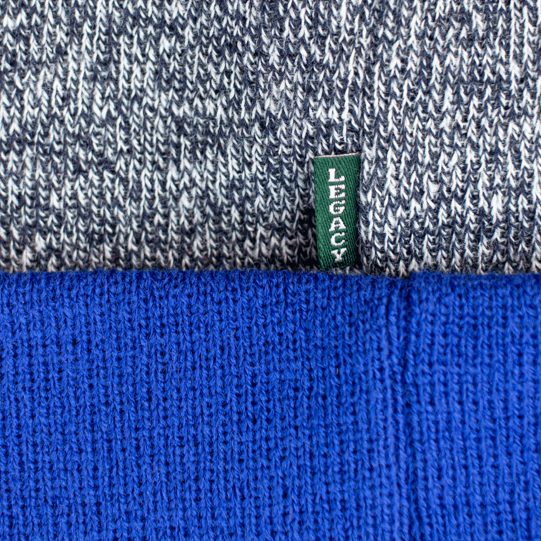 Close up of the Legacy brand tag on back of beanie