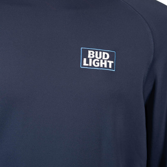 Close up of embroidered stacked Bud Light logo on front left chest of crewneck