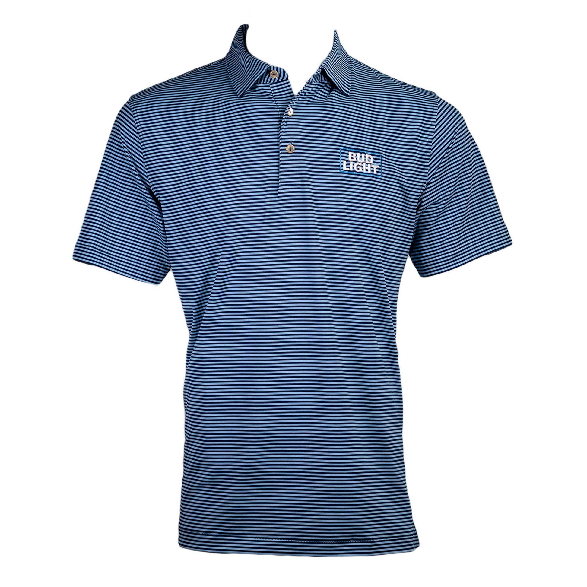 Bud Light Peter Millar mens blue and navy stripe polo