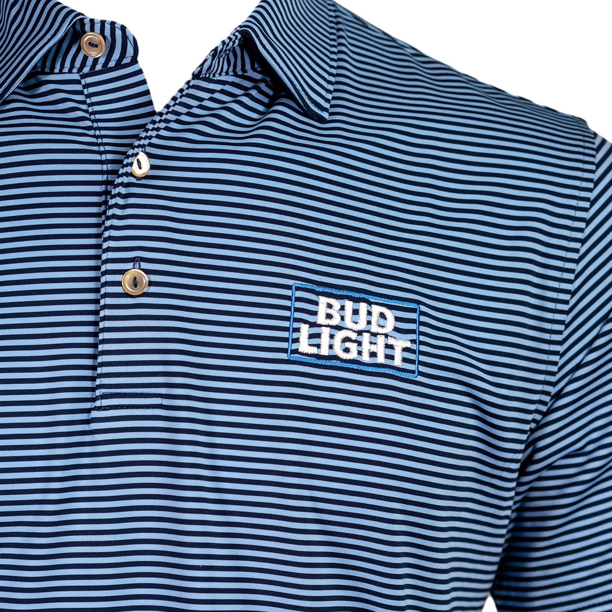 Close up of embroidered stacked Bud Light logo on front left chest of polo
