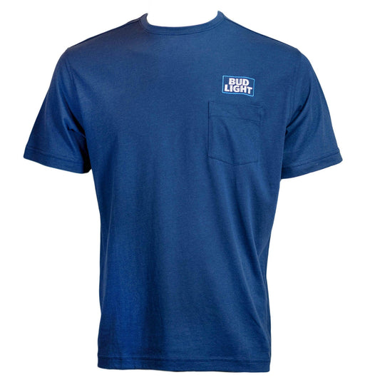 navy blue bud Light peter millar t-shirt with front left chest pocket. Features stacked Bud Light logo embroidery above the pocket.