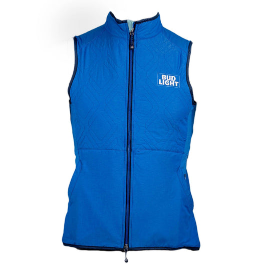 Blue ladies Bud Light Peter Millar full zip vest with embroidered stacked Bud Light logo on front left chest.