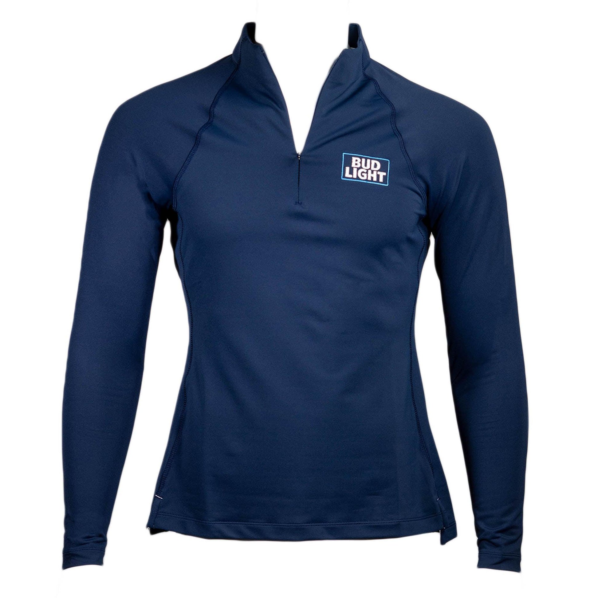 navy Blue Bud Light ladies Peter Millar 1/4 zip pullover with embroidered stacked Bud Light logo on front left chest of pullover