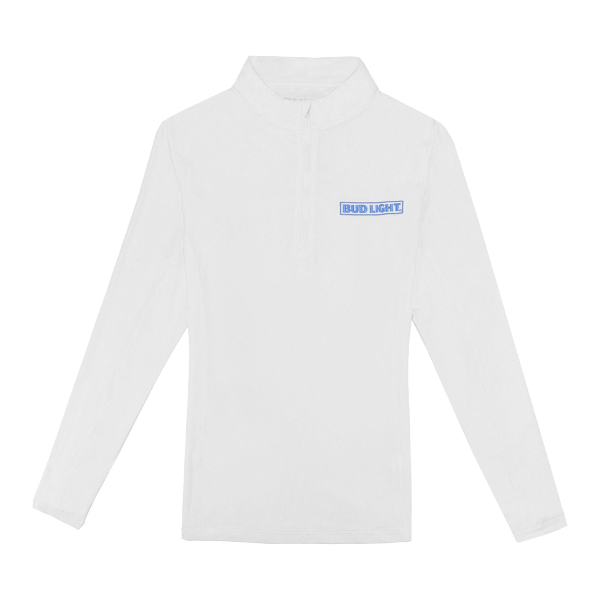 white bud light womn's 1/4 zip with bud Light horizontal logo embroidered in blue on front left chest