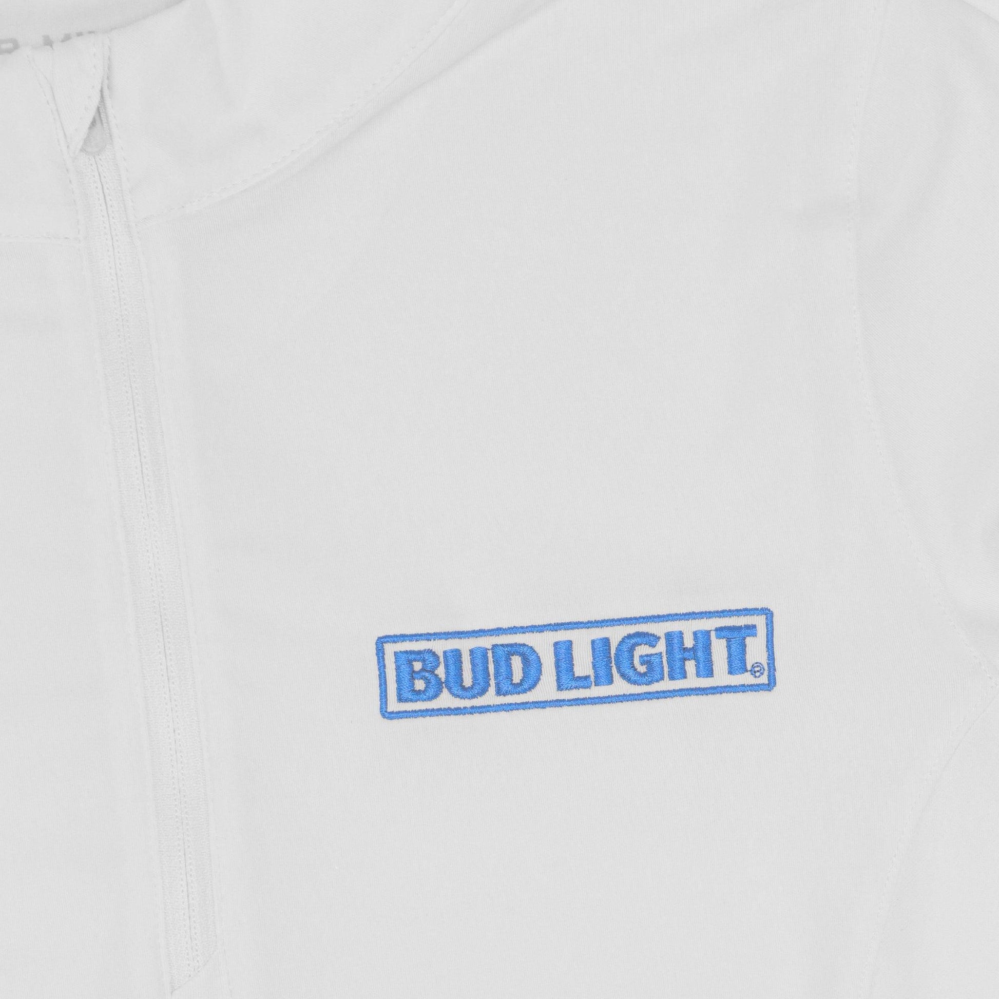 close up of Blue bud light embroidered logo