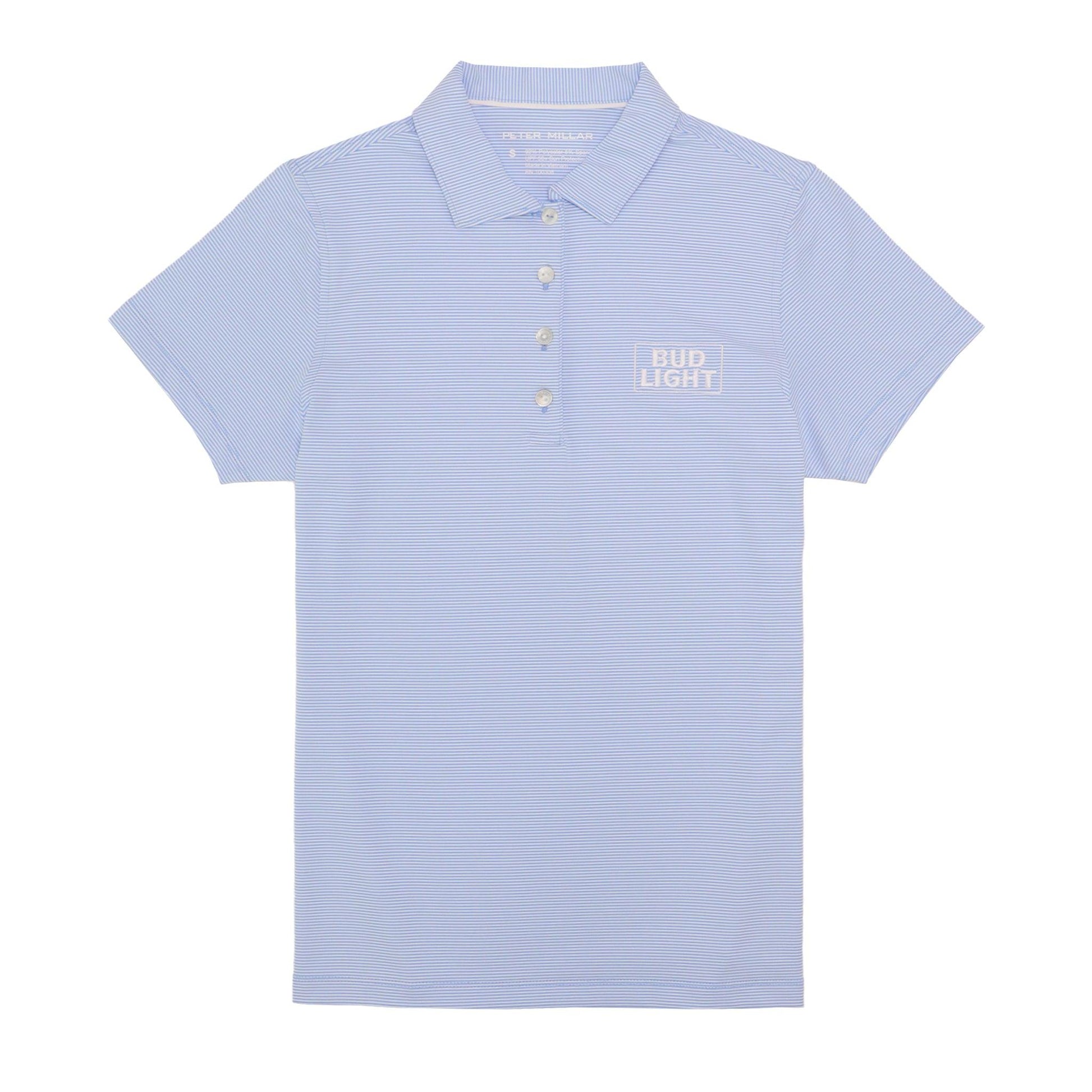 Bud Light Peter Millar Women's Polo with 4 buttons and Bud Light stacked embroidered white logo on front left chest
