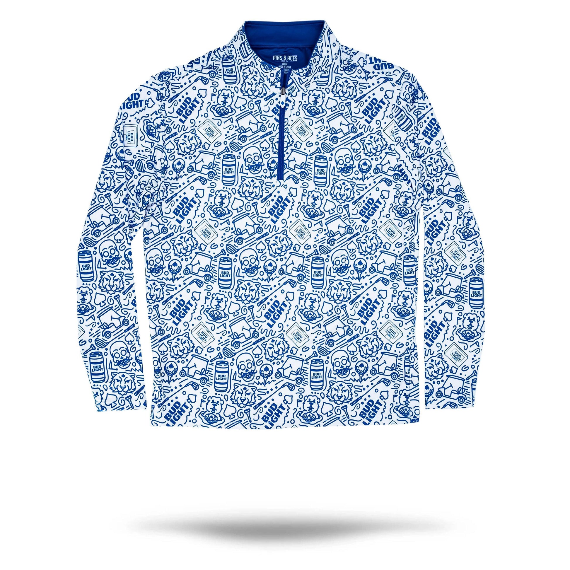 blue and white bud light pins & aces quarter zip