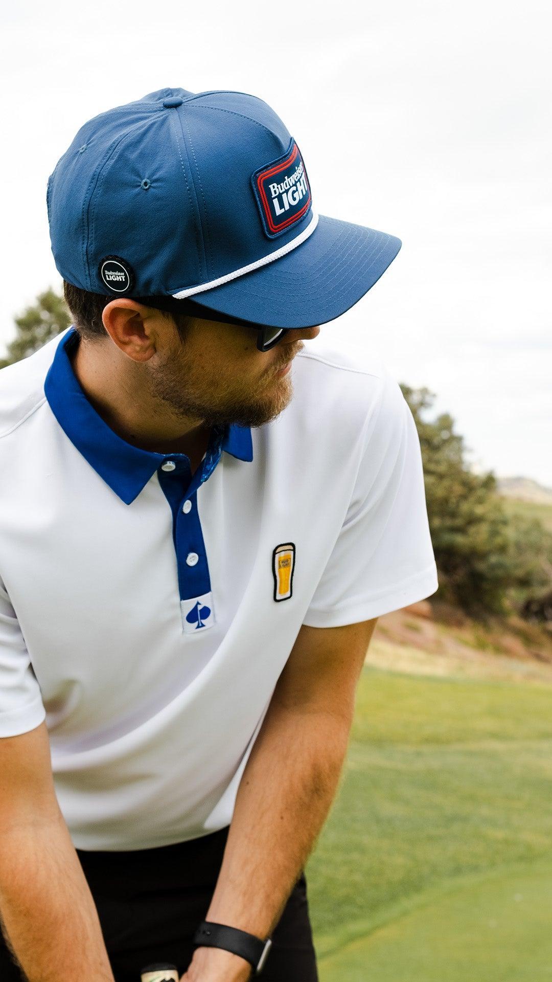 Lifestyle of man wearing Bud Light Beer Glass Polo