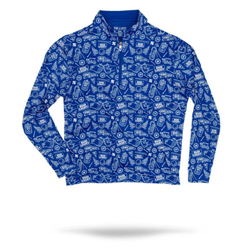Bud Light Blue 1/4 Zip pullover with doodle prints in white.