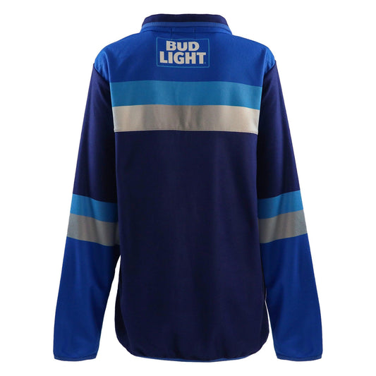 bud light resort 1/4 snap fleece in various blues and sliver