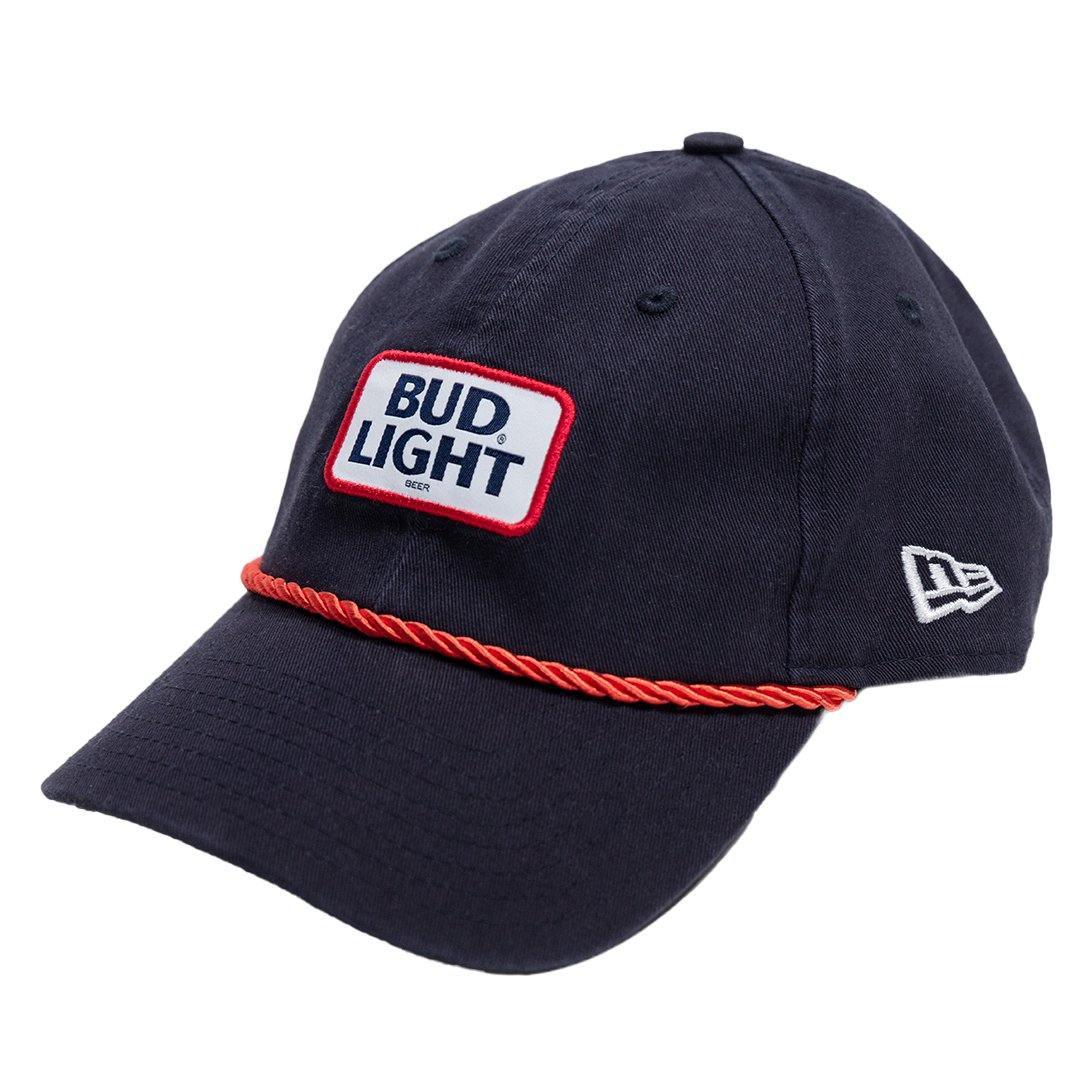 navy new era adjustable bud light hat with a red rope across the brim of the hat