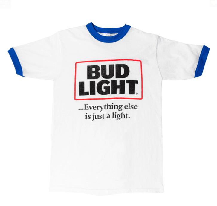 white bud light retro ringer t shirt that has the bud light logo and "...Everything else is just a light." phrase