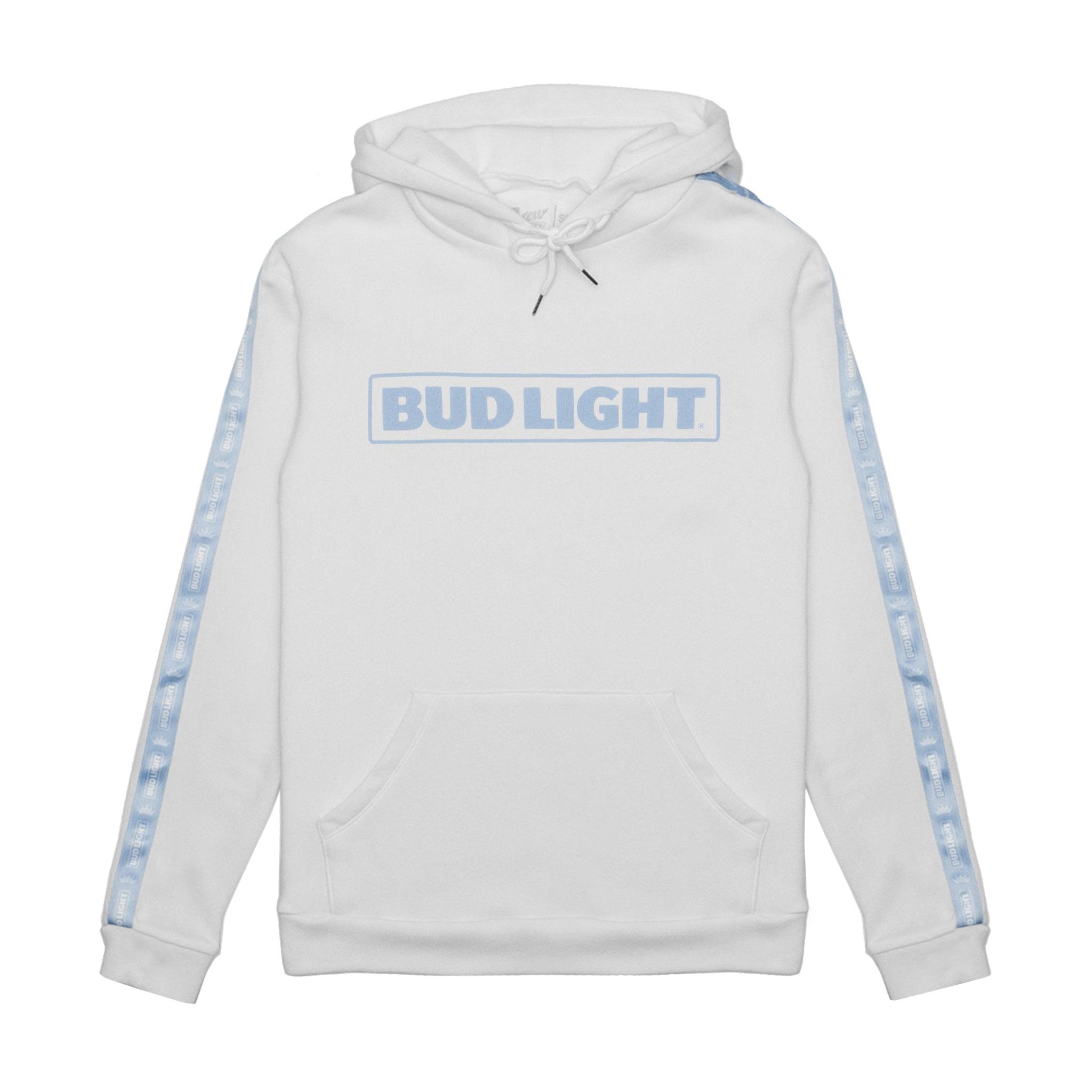 White Bud Light hoodie with Bud light horizontal logo on front chest.