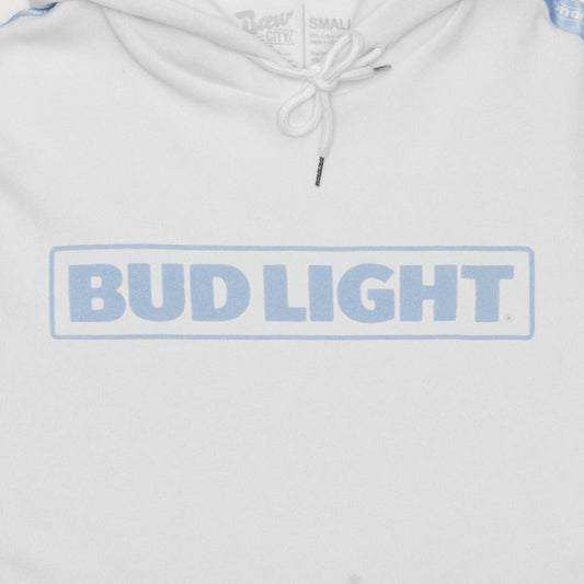 Close up of screen printed Bud Light horizontal logo on front chest