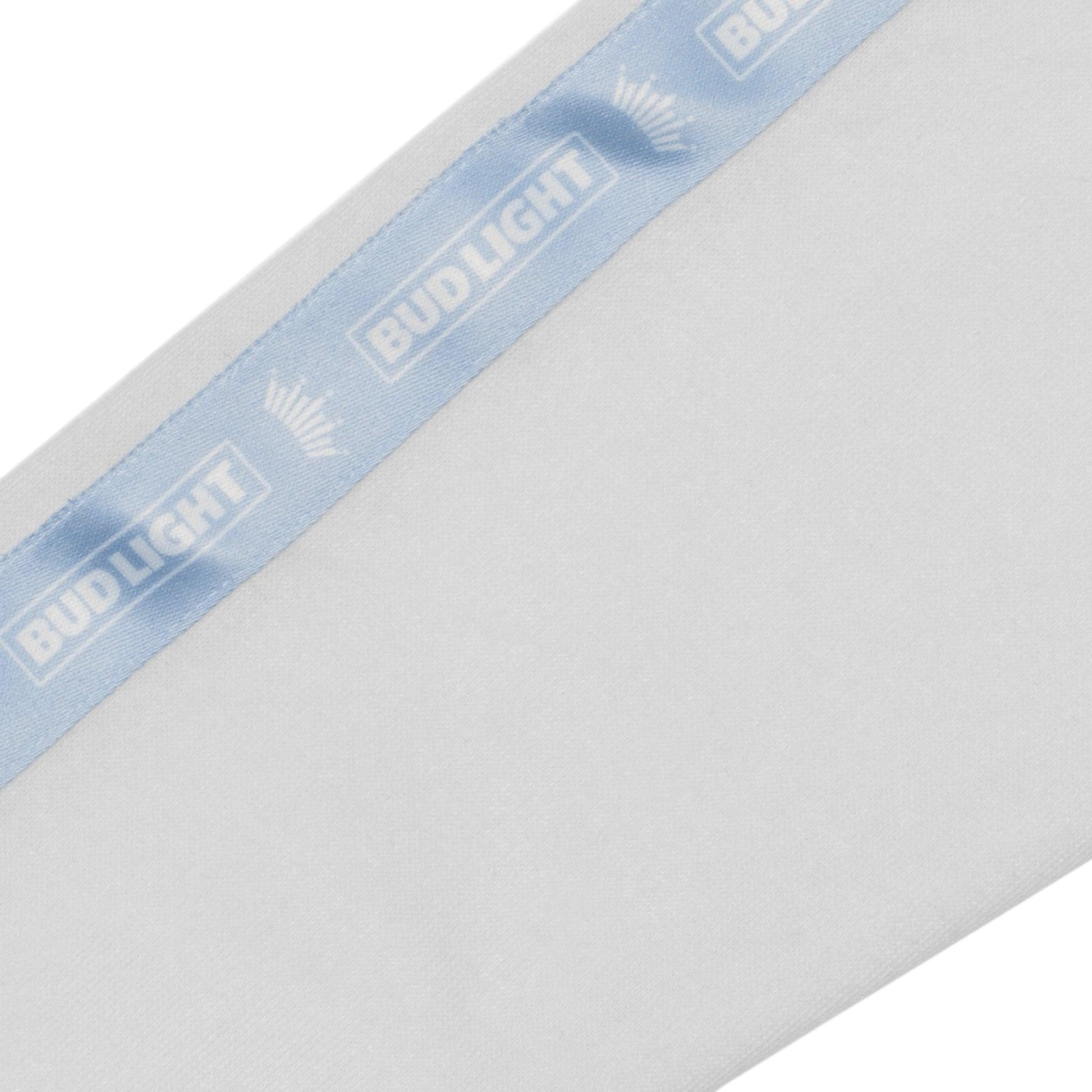 Close up of nylon ribbon stripe with Bud Light horizontal logo and crown screen printed on