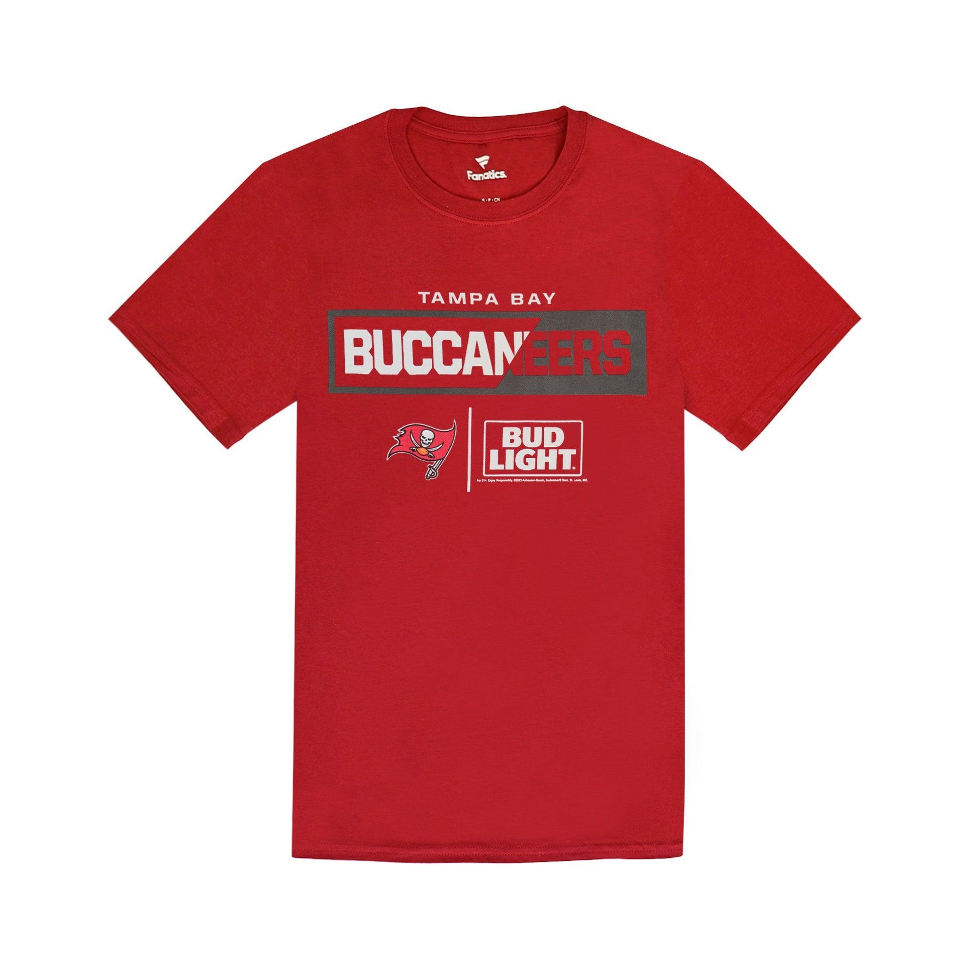 front of red shirt with bucs and bud light logo