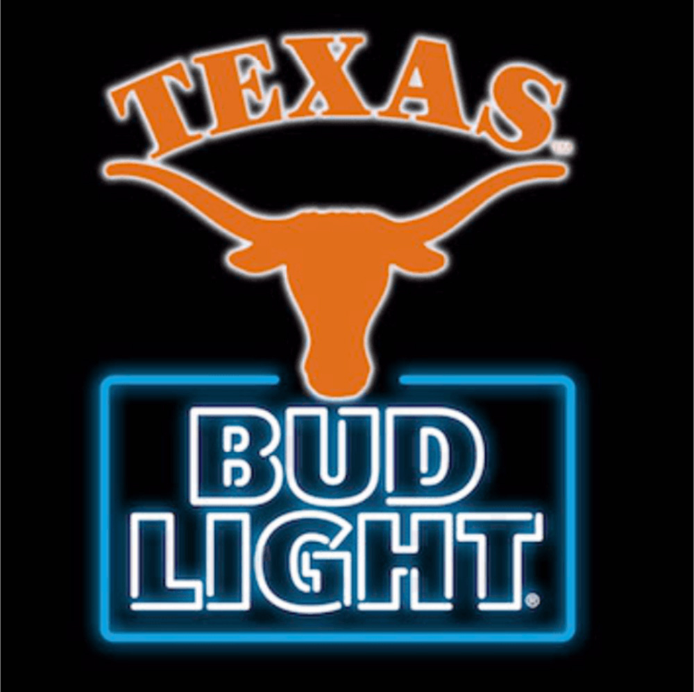 Texas longhorns led sign with Bud Light logo under it.