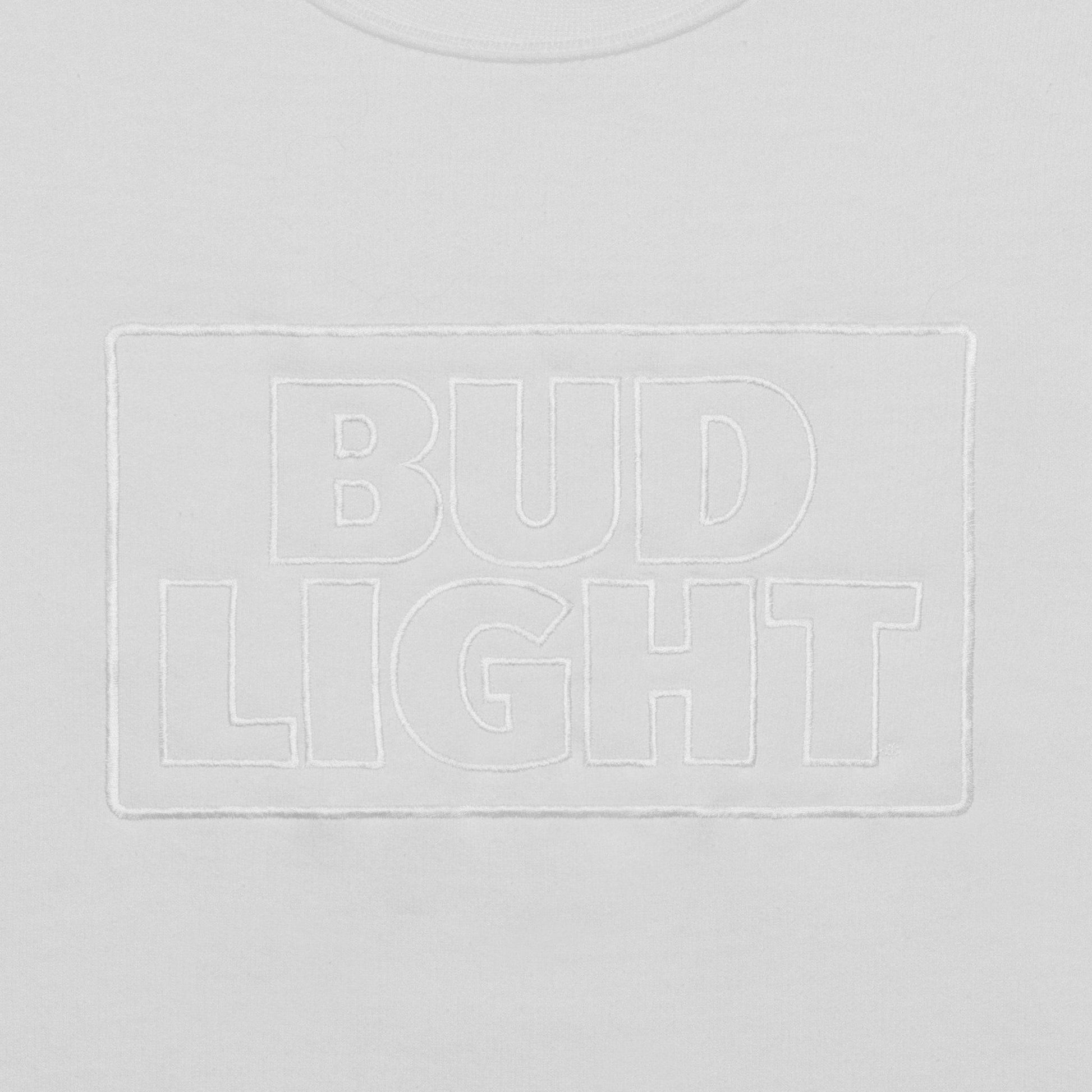 Close up of white Bud Light stacked logo embroidery