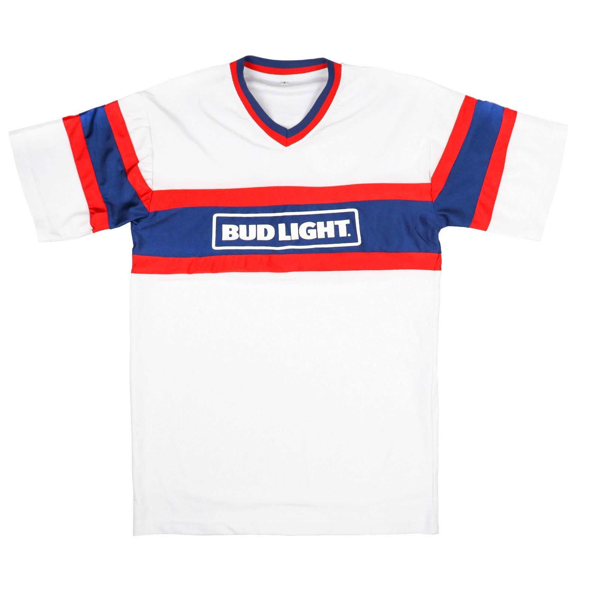 white bud light shirt with red and blue block stripes and bud light in white centered on chest
