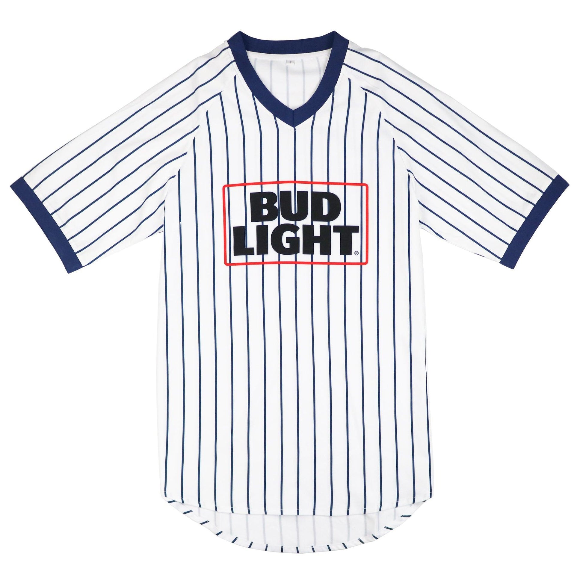 white bud light v neck striped baseball jersey with blue thin stripes and bud light logo on the center of chest