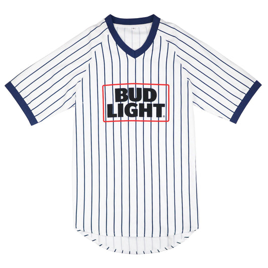 white bud light v neck striped baseball jersey with blue thin stripes and bud light logo on the center of chest