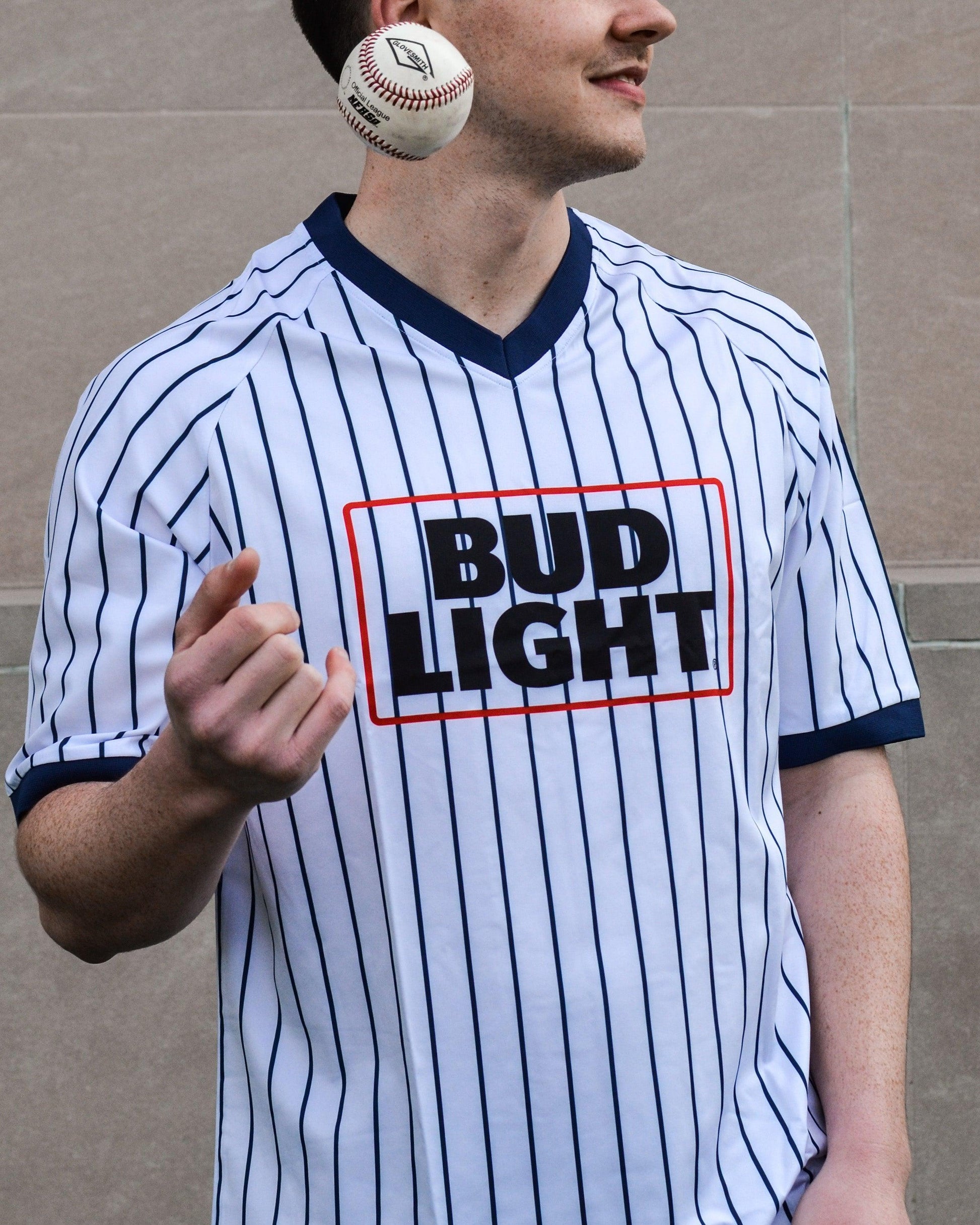 man wearing bud light v neck striped baseball jersey