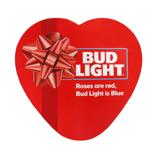 red bud light valentines day box that states "roses are red, bud light is blue"