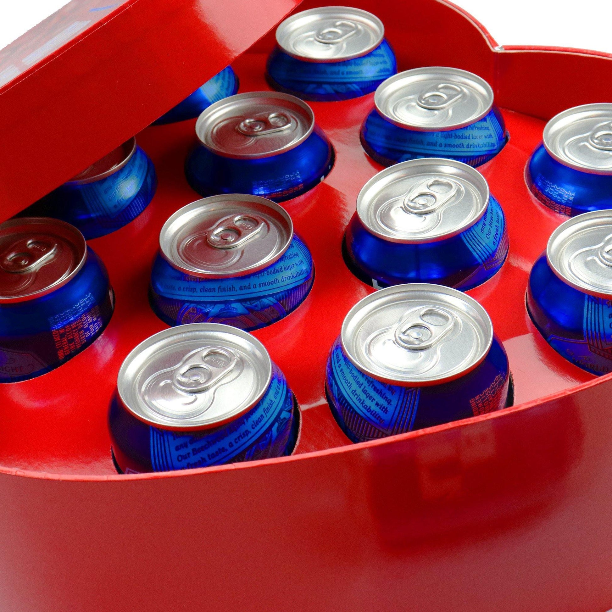 red bud light valentines day box that states "roses are red, bud light is blue" and has 12 can holder spots