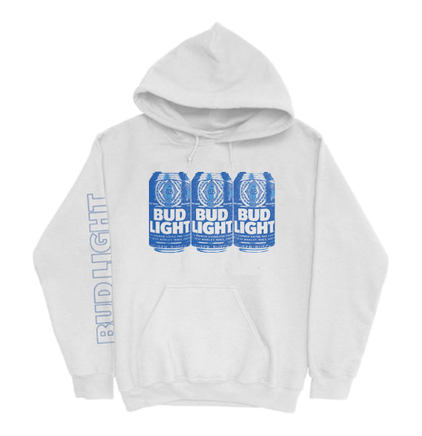 bud light white 3 can hoodie