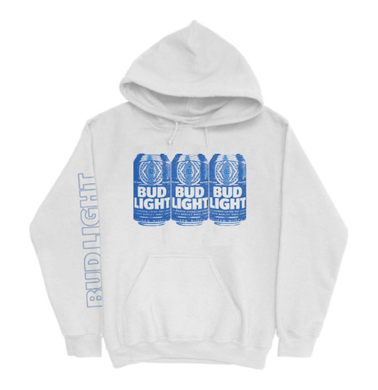 bud light white 3 can hoodie