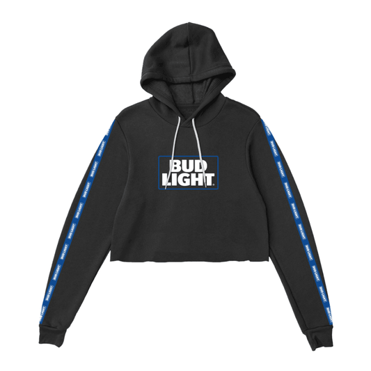 black crop hoodie with bud light logo on chest  and bud light logo down each sleeve 