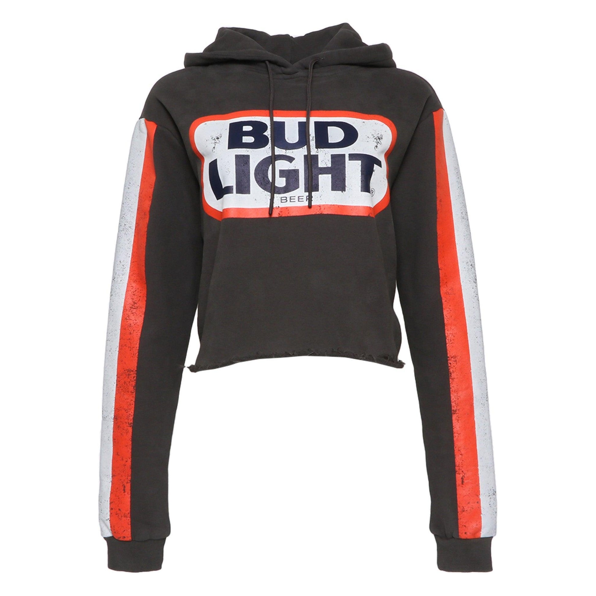 bud light womens retro stripe sleeve vintage crop hoodie in grey red white and blue