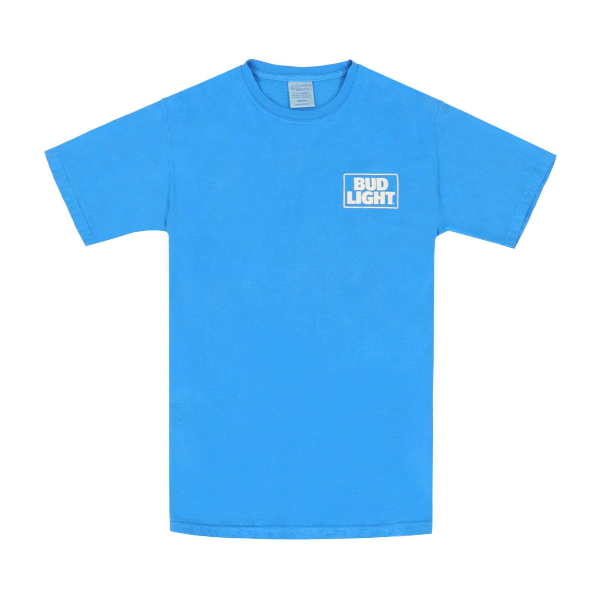 FRONT OF WORLD FAMOUS TEE WITH BUD LIGHT STACKED LOGO ON FRONT LEFT CHEST