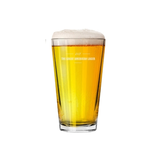 Pint glass of beer with foam head on a white background