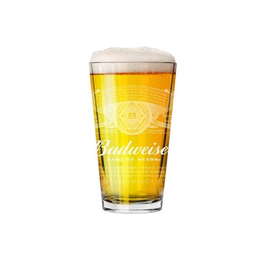 Budweiser beer glass with a white background
