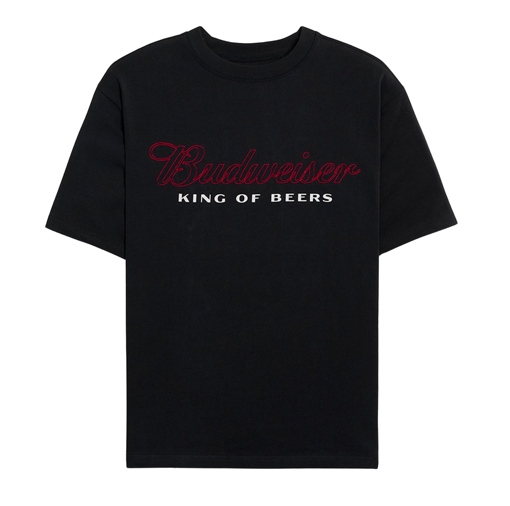 Black t-shirt with Budweiser logo and 'King of Beers' text on a white background
