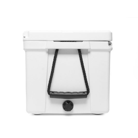 side of cooler with handle and drain plug