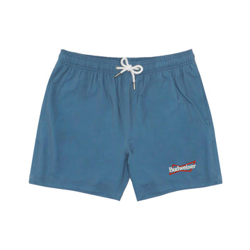 front of Budweiser Swim Trunks with Budweiser bowtie on front left lower corner of shorts
