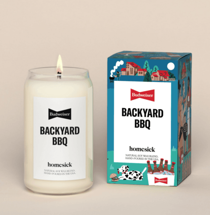 budweiser backyard bbq candle made by homesick. with hints of barley and allspice mixed with smoke.