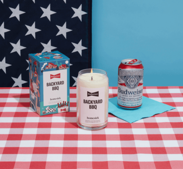 budweiser backyard bbq candle made by homesick. with hints of barley and allspice mixed with smoke.